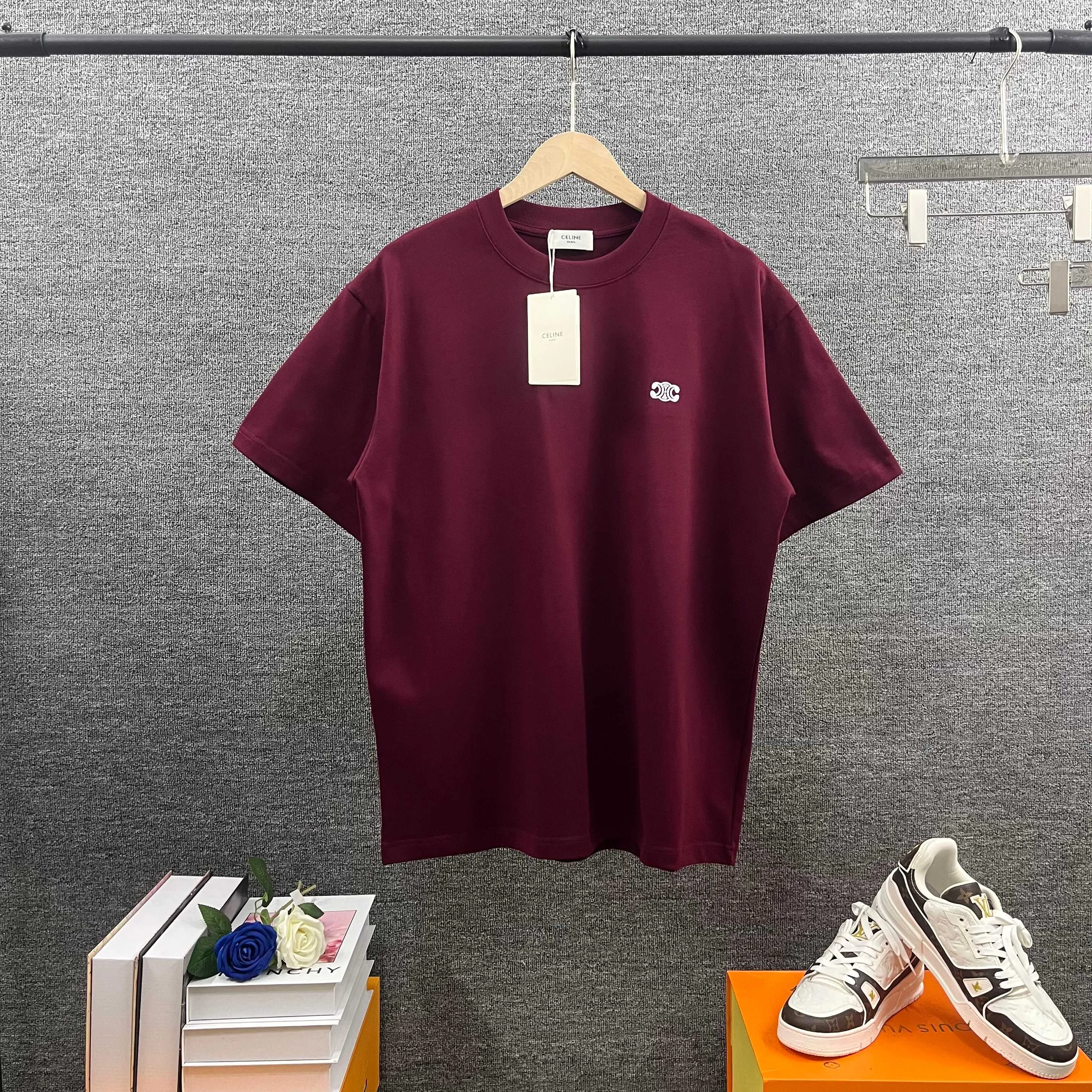 Ce*li* Ce*Lin 2026 spring and summer style Classic letter embroidery logo technology Double yarn custom plain cotton fabric Short-sleeved T-shirt Men and women Same Style Color: Black White Gray Wine Red Size: S (90-130 pounds) M (120-150 pounds) L (140-165 pounds) XL (160-180 pounds) XXL (180-210 pounds)